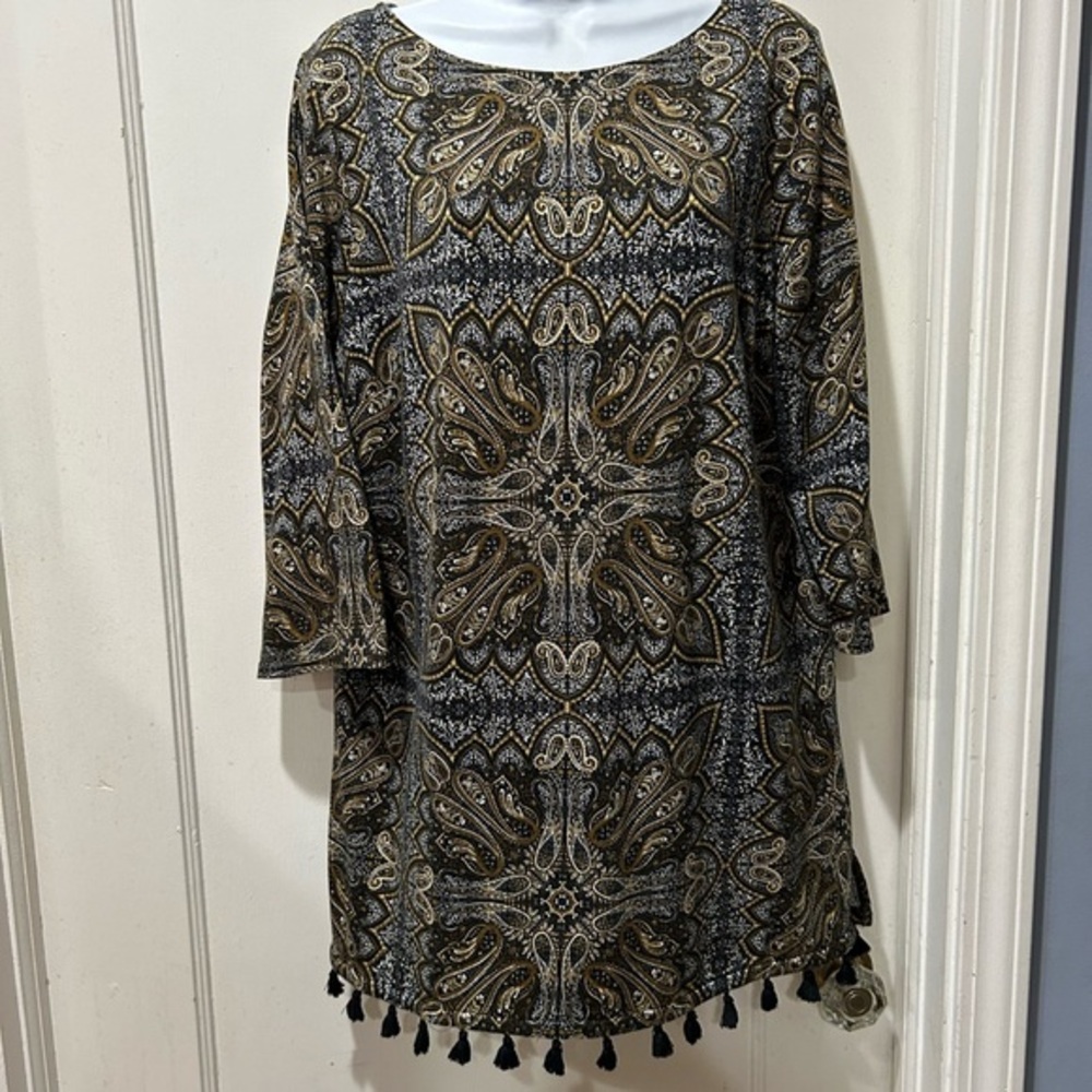 J. Jill large pattern cotton tunic shirt with black Pom Pom trim